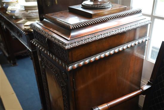 A late Victorian Chippendale style mahogany serving table, table W.4ft 6in. D.2ft 2in. H.3ft; cupboards W.1ft 9in. D.2ft 2in. H.6ft